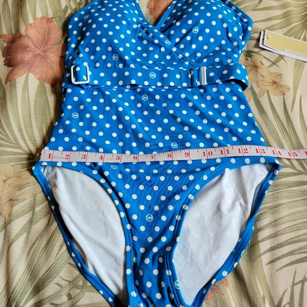 Michael Kors Polka Dot One Piece Swimwear Belt Halter Cyan Blue White 10 - Picture 11 of 13